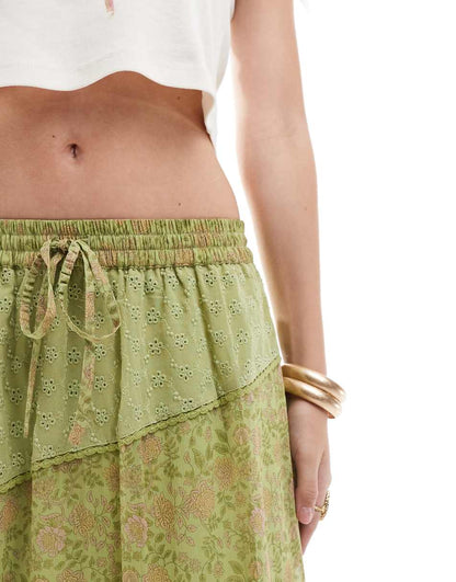 Miss Selfridge mix fabric patchwork panel maxi skirt in green
