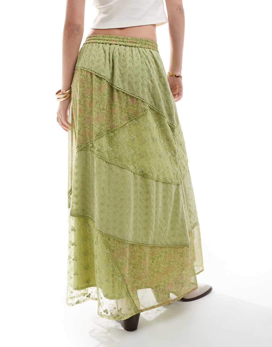 Miss Selfridge mix fabric patchwork panel maxi skirt in green