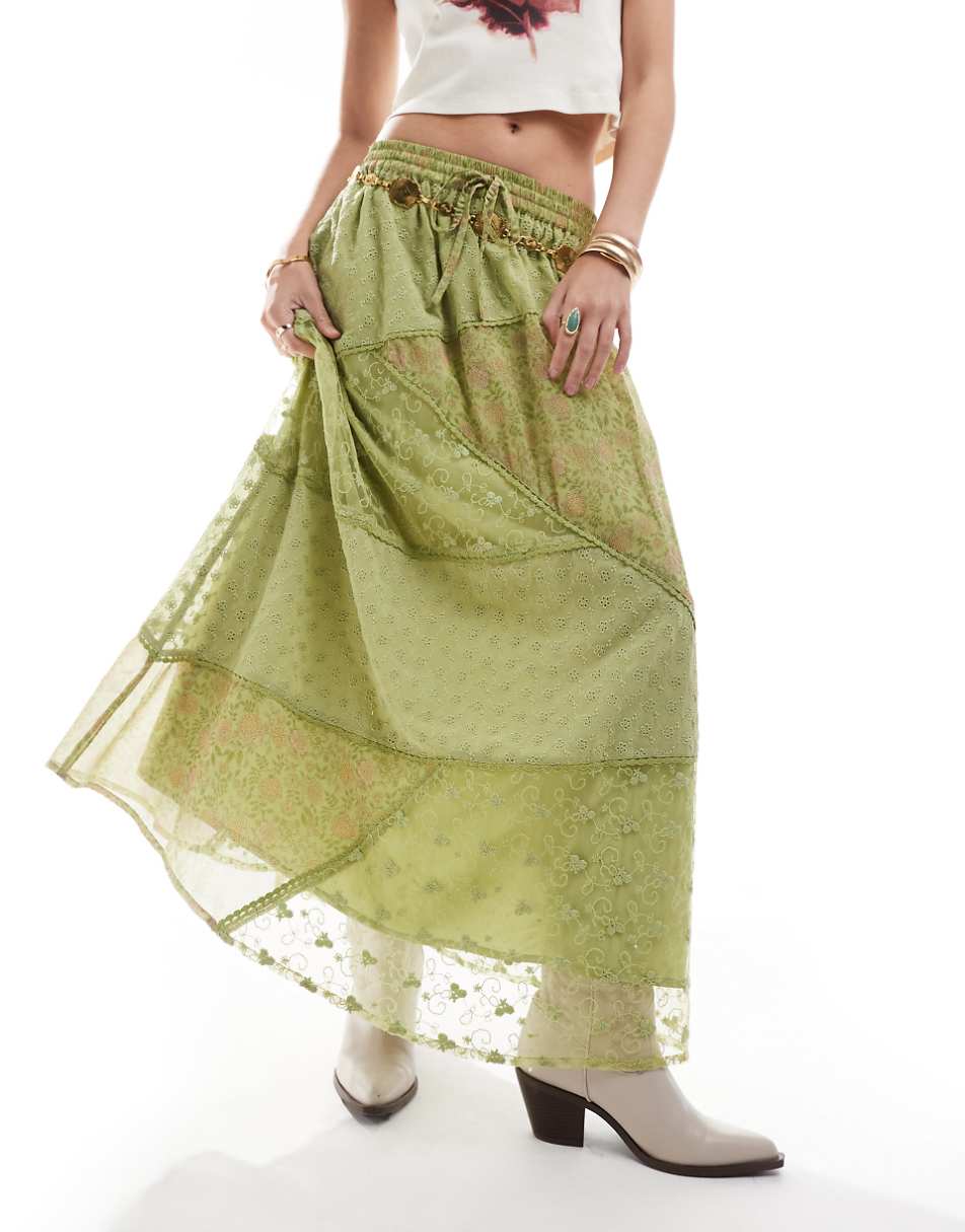 Miss Selfridge mix fabric patchwork panel maxi skirt in green