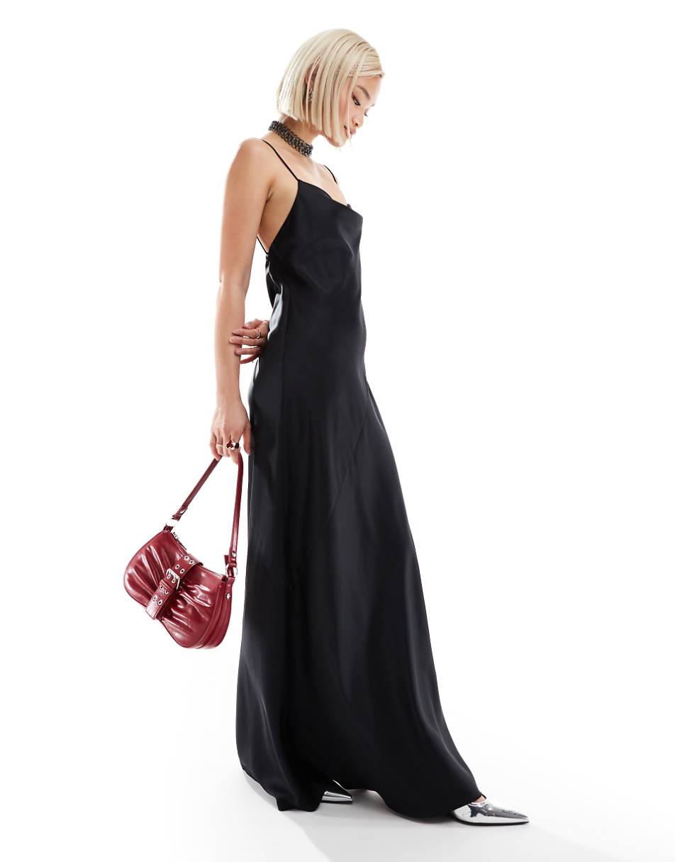 Weekday Lava satin midi slip dress with seam detail in black