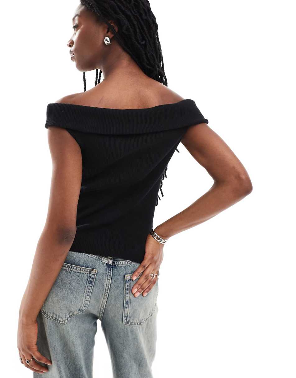 Weekday Yolanda knit off shoulder top with button front in black