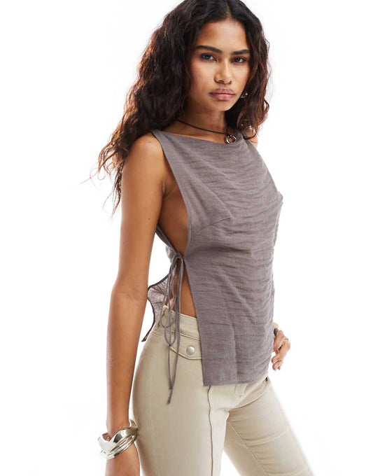 Weekday Cintia boat neck cami top with side tie detail in mole - Exclusive to ASOS