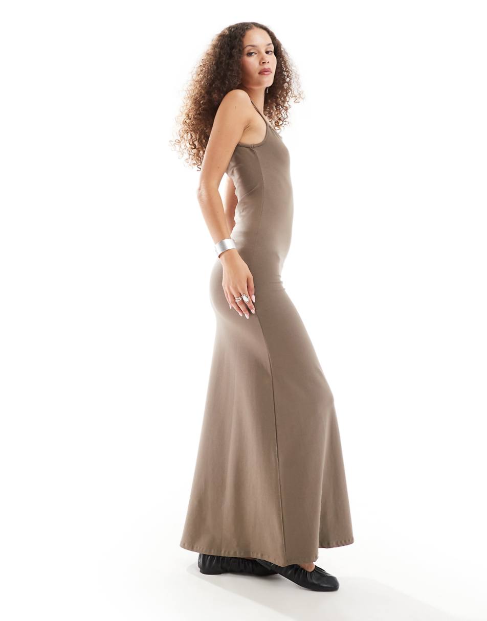 Weekday super soft jersey square neck maxi dress in light brown