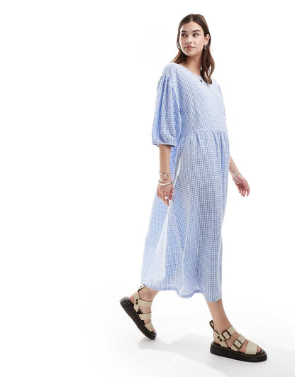 Monki seersucker smock midi dress in blue and white gingham