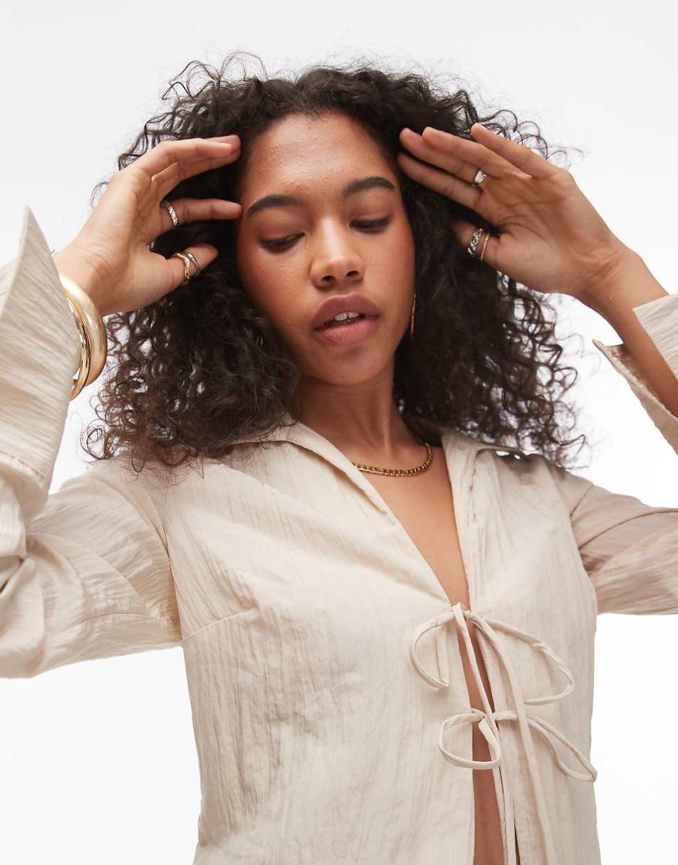 Topshop tie front crinkle top in natural