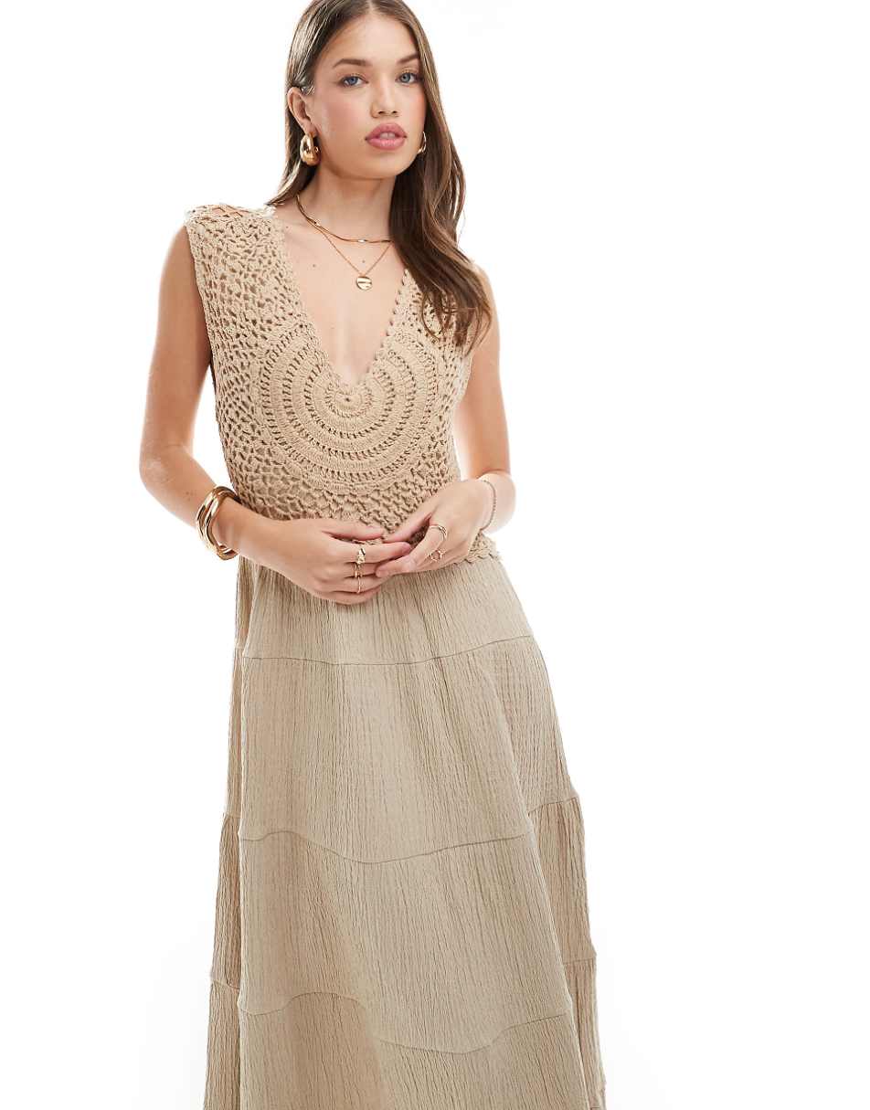 ASOS DESIGN crochet bodice maxi dress with tiered skirt in stone