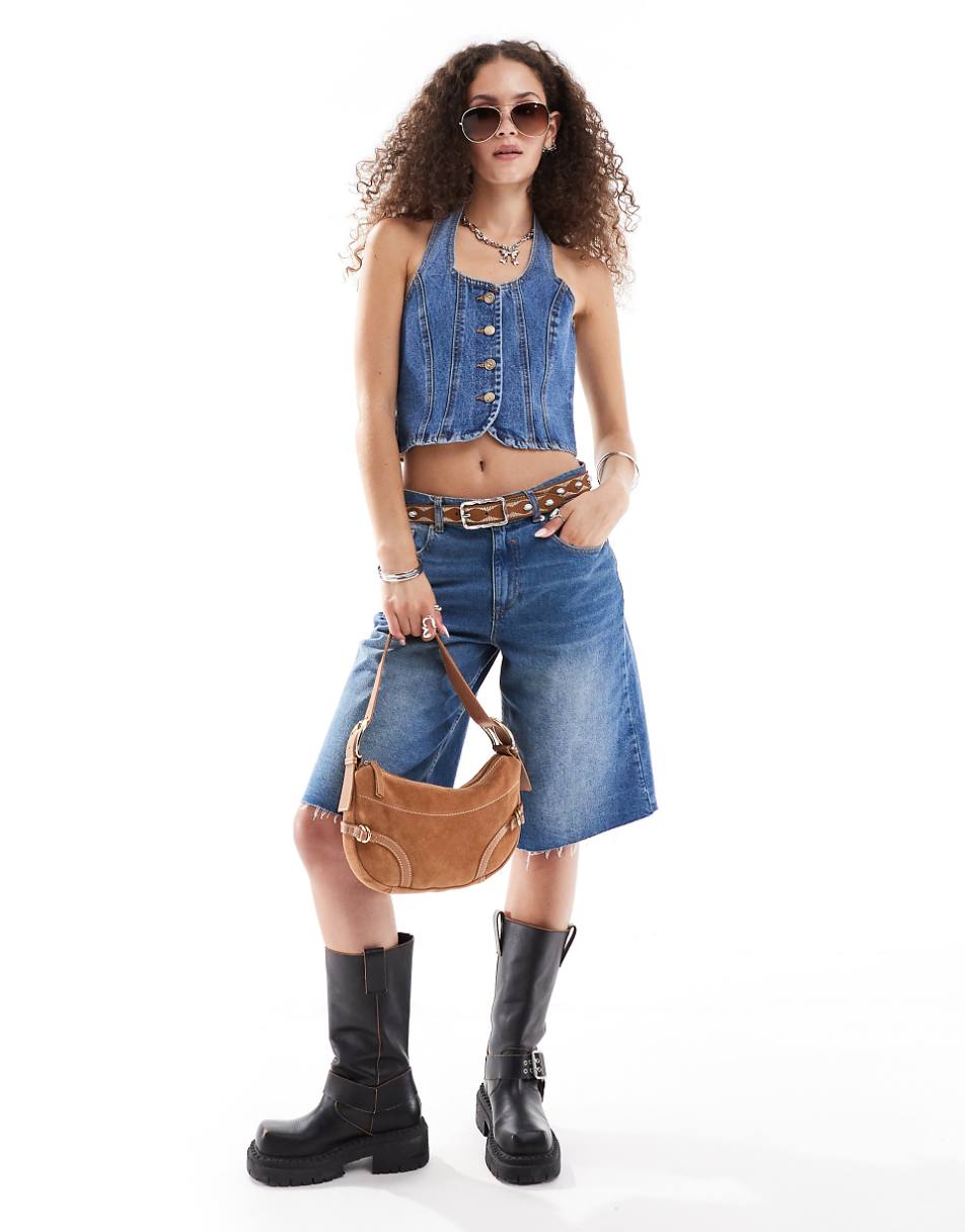 Noisy May halterneck denim vest in mid blue wash