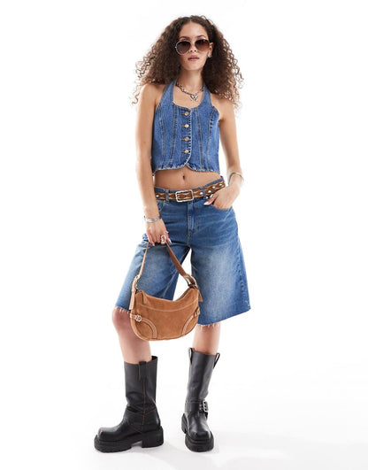Noisy May halterneck denim vest in mid blue wash