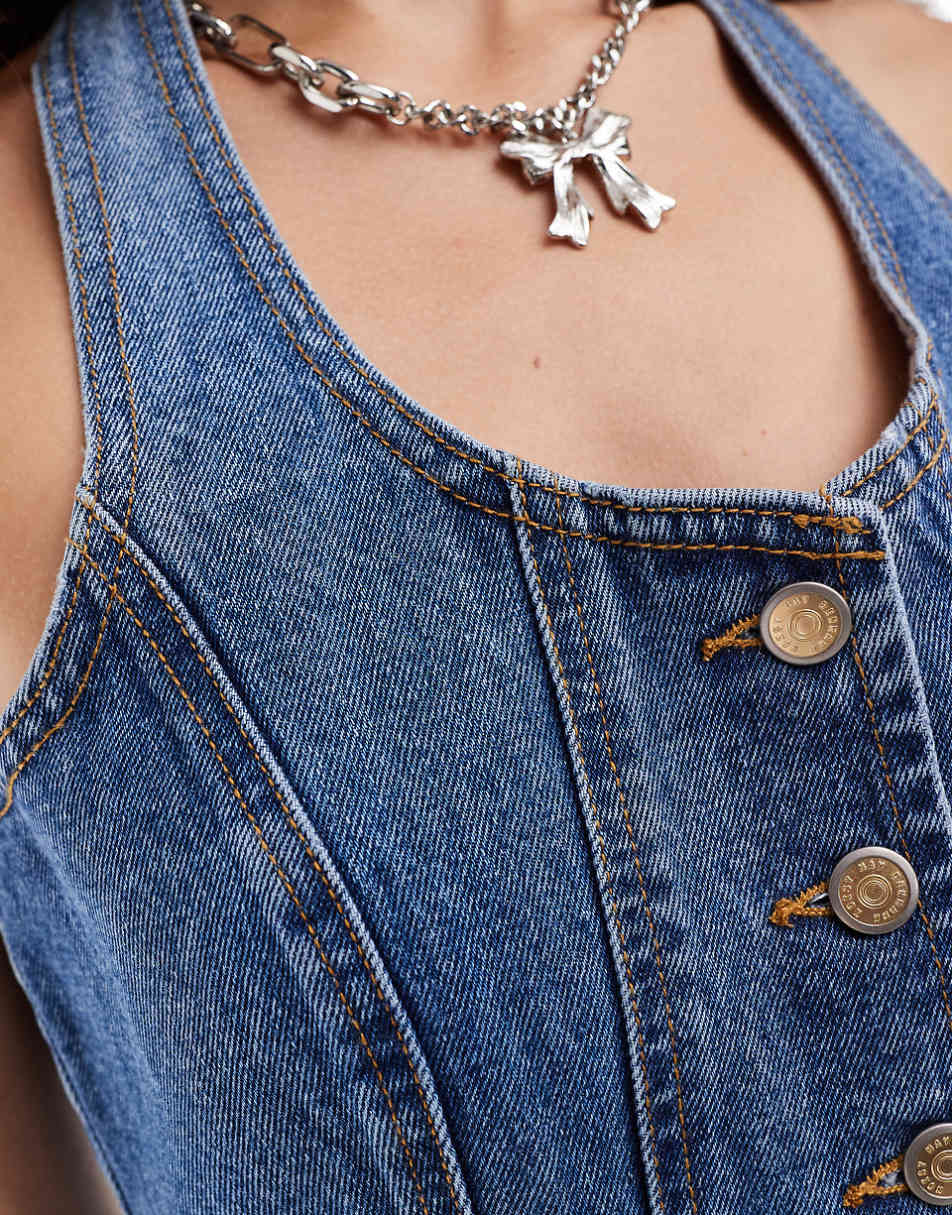 Noisy May halterneck denim vest in mid blue wash