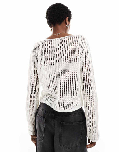 Monki long sleeve crochet top with rose detail in white