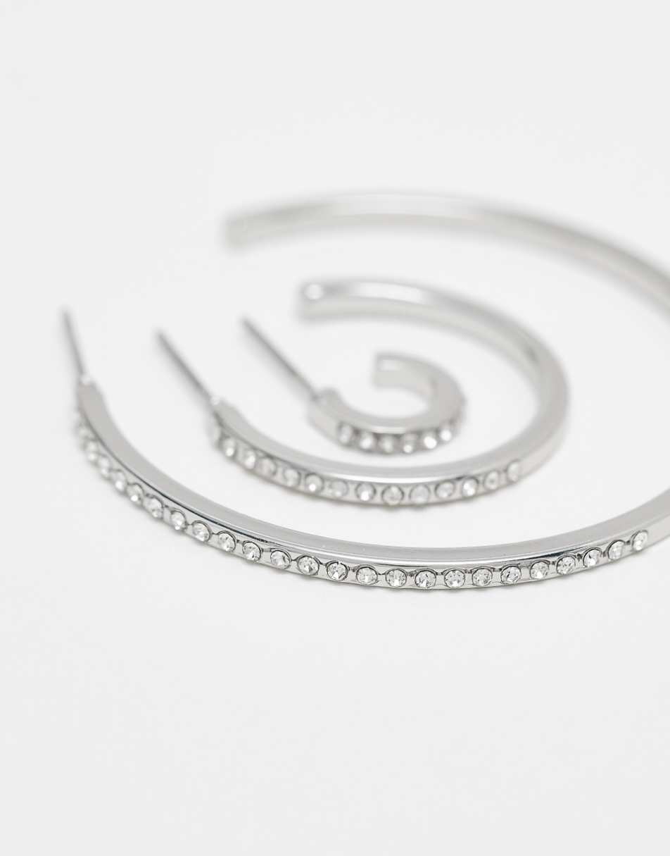 Monki 3 pack multiple size silver hoops with crystals in silver