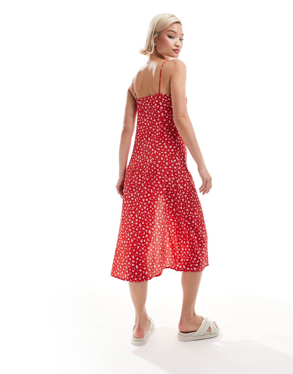 Monki strappy midi dress with slit in red ditsy print