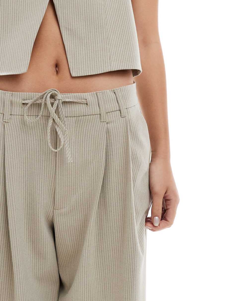 Pull&Bear tie waist detail pinstripe tailored pants in sand - part of a set