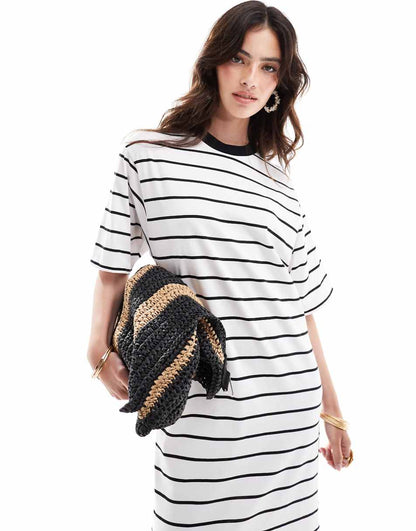ASOS DESIGN oversized midaxi T-shirt dress in white and black stripe