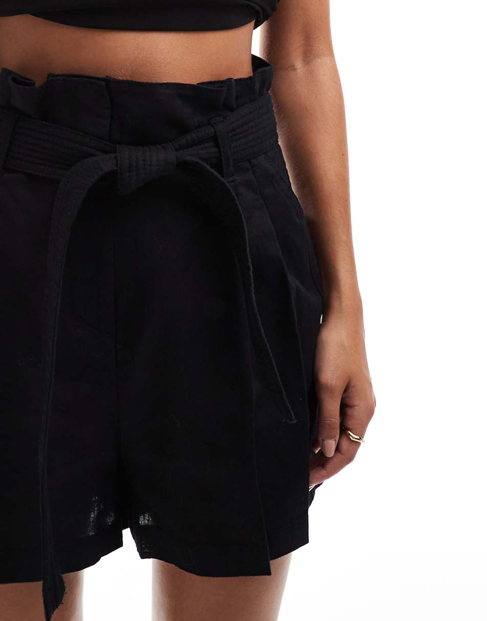 & Other Stories linen high rise belted shorts in black