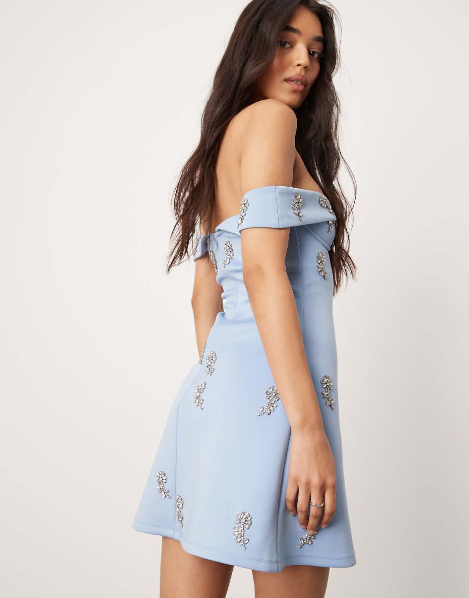 ASOS DESIGN cupped bardot mini dress with floral embellishment in pale blue