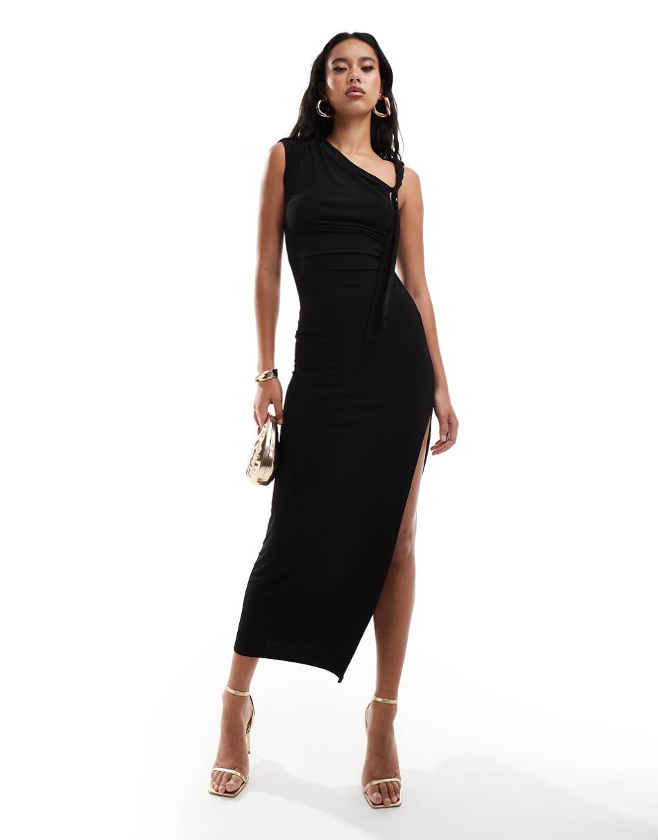 ASOS DESIGN asymmetric neckline midi dress with oversized ring trim in black