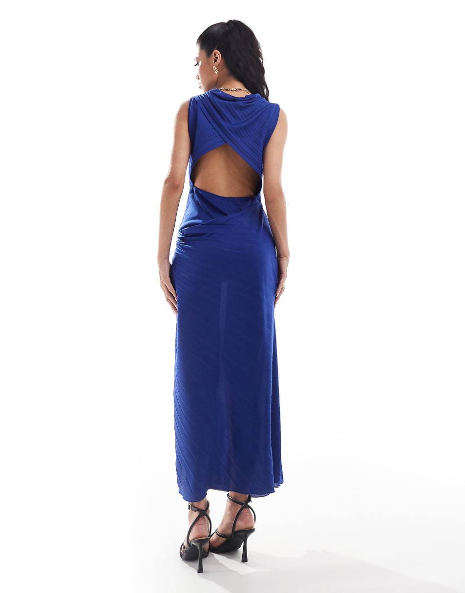 ASOS DESIGN high neck pleated maxi dress with drape wrap skirt in blue