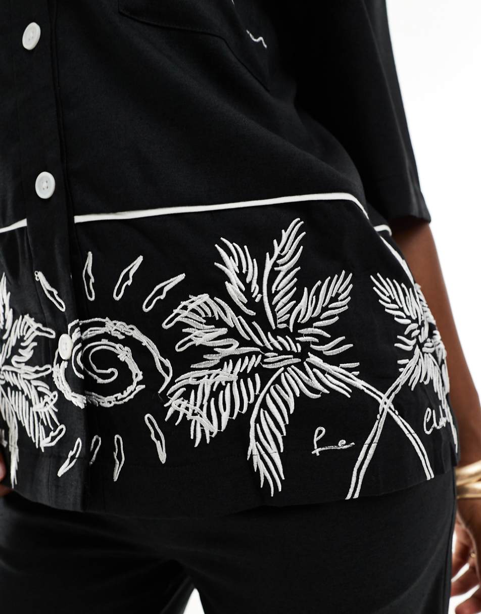 The Couture Club palm print embroidery shirt in black - part of a set