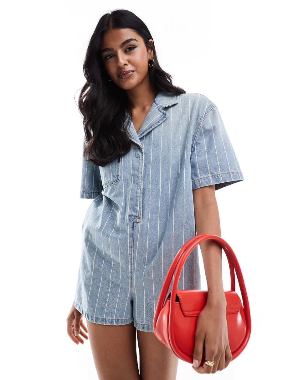 ASOS DESIGN denim boxy shirt romper in blue stripe