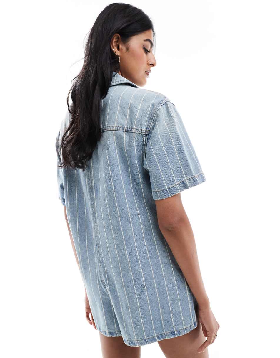 ASOS DESIGN denim boxy shirt romper in blue stripe