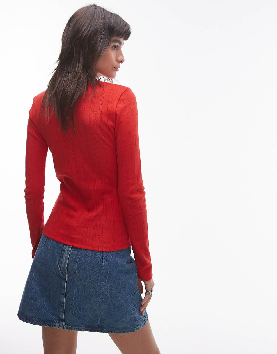 Topshop picot trim pointelle long sleeve top in red