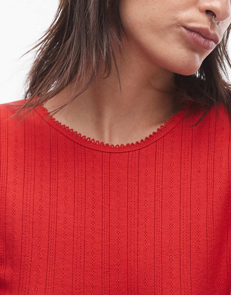 Topshop picot trim pointelle long sleeve top in red