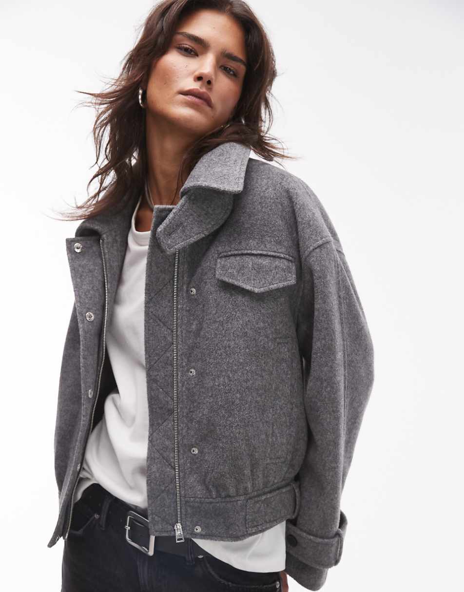 Topshop wool bomber jacket with tab detail in gray