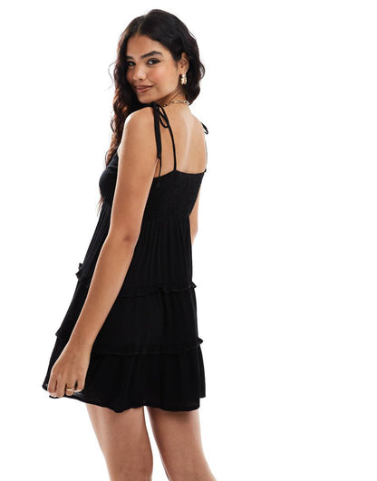 Miss Selfridge cheesecloth tiered mini sundress in black