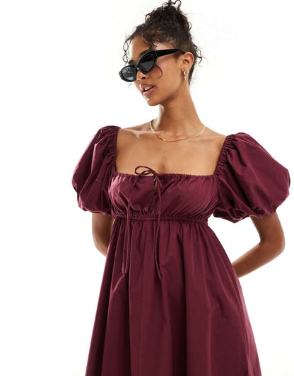 ASOS DESIGN puffed sleeve smock midi dress in burgundy