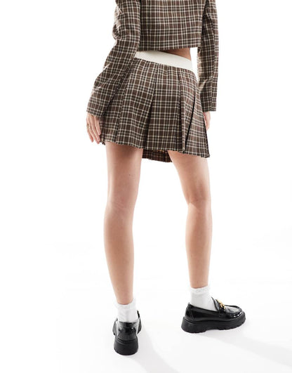 Miss Selfridge tailored rib trim pleated mini skirt in check in brown check - part of a set
