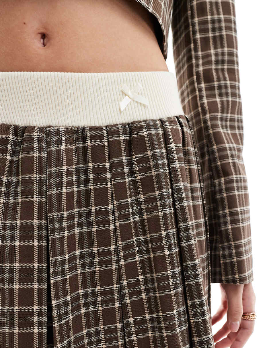 Miss Selfridge tailored rib trim pleated mini skirt in check in brown check - part of a set
