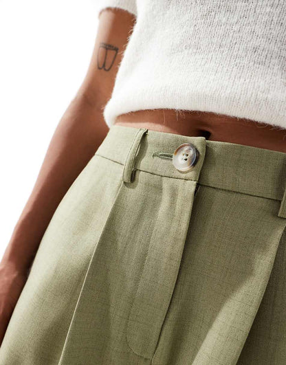 Miss Selfridge Petite tailored wide leg dad pants in khaki