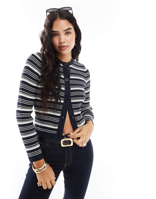 ASOS DESIGN button through half sleeve cardigan in navy stripe