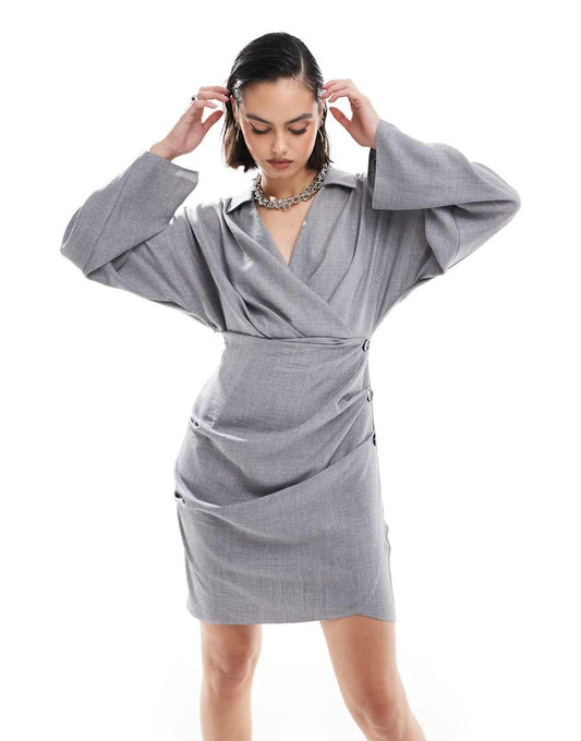 ASOS DESIGN linen look collar wrap long sleeve mini dress with button detail skirt in gray