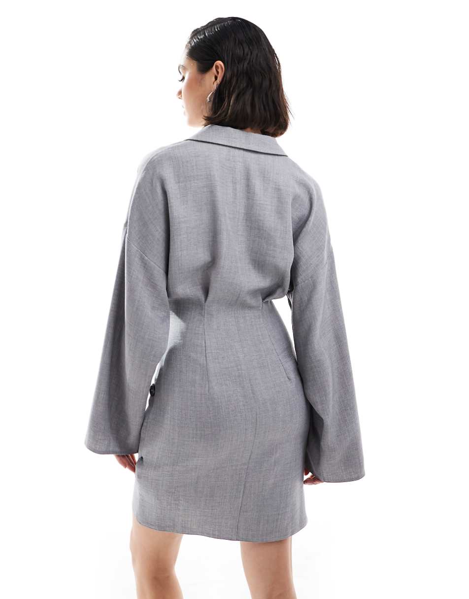 ASOS DESIGN linen look collar wrap long sleeve mini dress with button detail skirt in gray