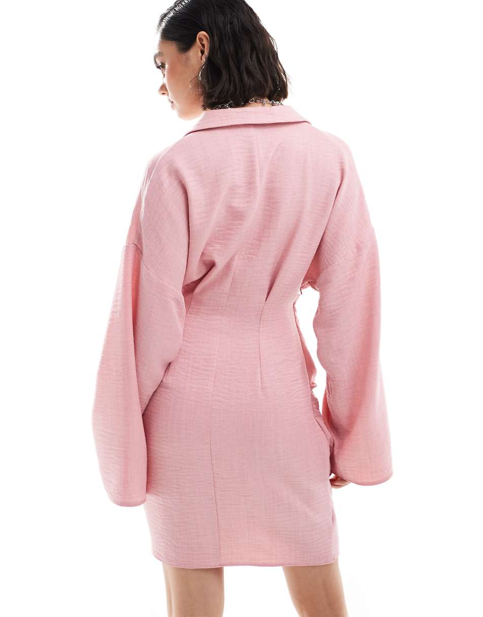 ASOS DESIGN linen look collar wrap long sleeve mini dress with button detail skirt in dusky pink