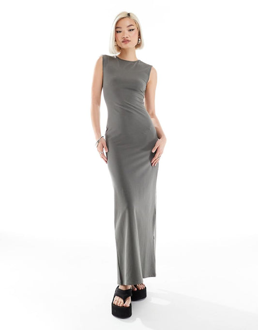 Weekday Inez slim fit maxi dress with back slit in gray - Exclusive to ASOS