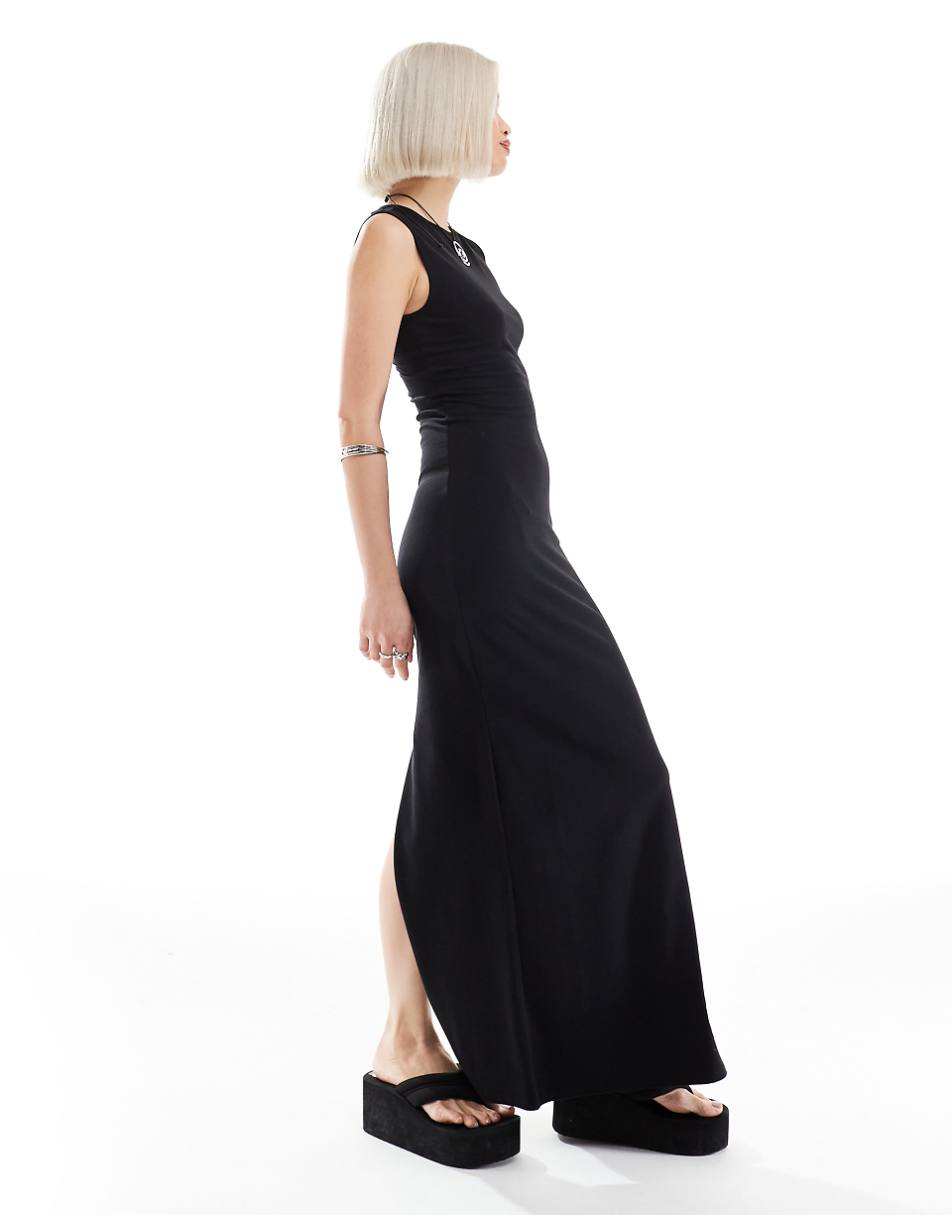 Weekday Inez slim fit maxi dress with back slit in black