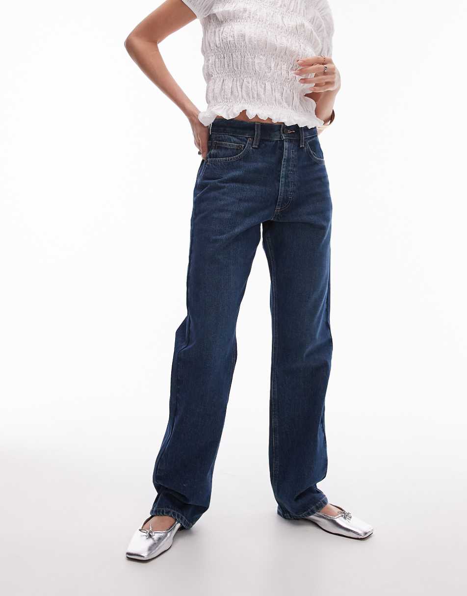 Topshop high rise straight Kort jeans in tinted dark blue