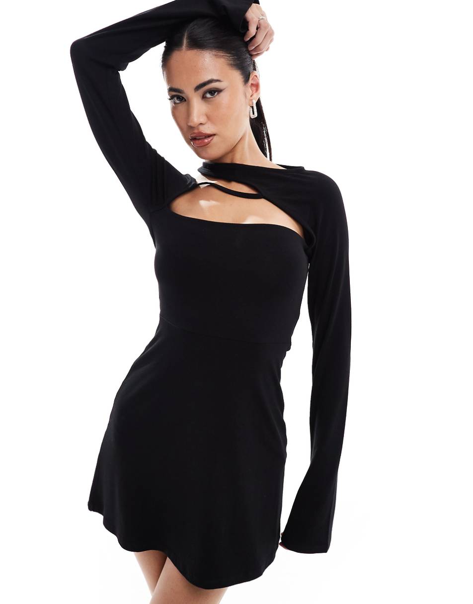 ASOS DESIGN long sleeve mini dress with cut out neckline in black