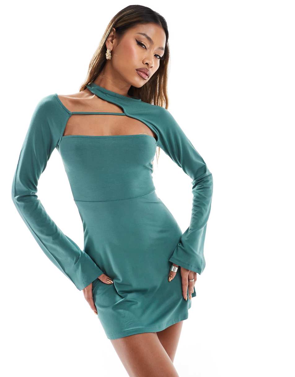 ASOS DESIGN long sleeve mini dress with cut out neckline in pine green