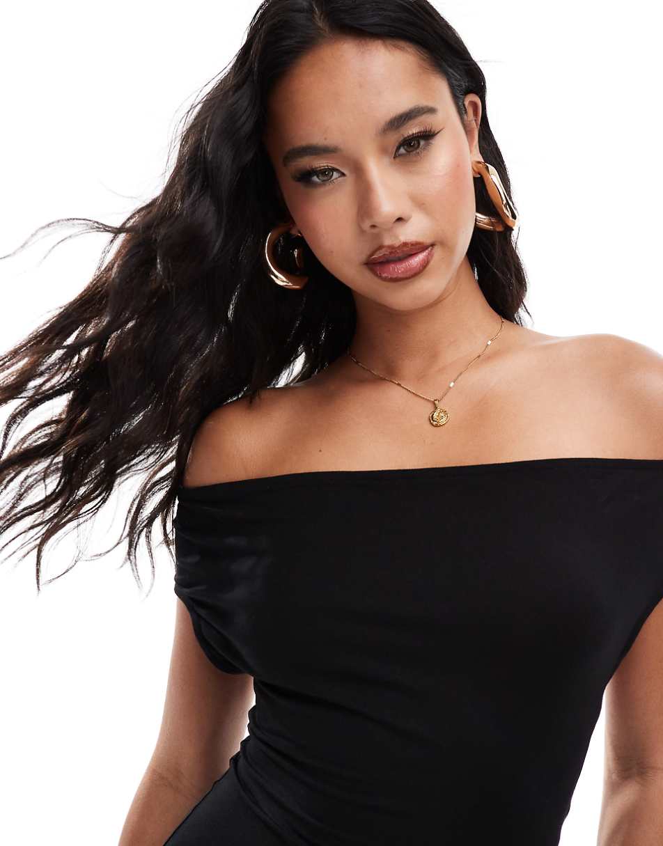 ASOS DESIGN bardot mini dress with flippy skirt and cut out back in black