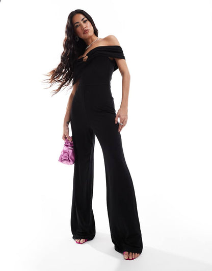 ASOS DESIGN ruched off the shoulder jumpsuit with front cut out in black