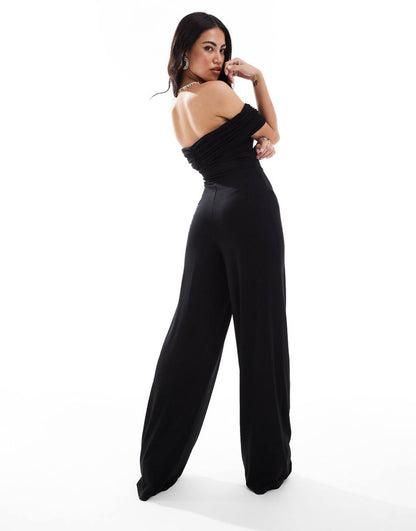 ASOS DESIGN ruched off the shoulder jumpsuit with front cut out in black