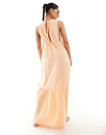 ASOS DESIGN sleeveless racer neck smock maxi dress with tiered skirt in peach fuzz