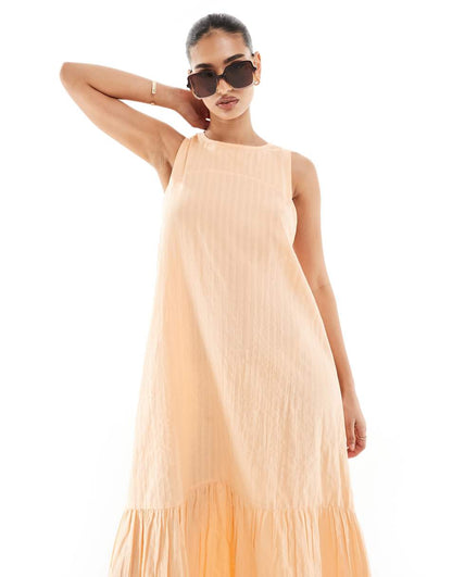 ASOS DESIGN sleeveless racer neck smock maxi dress with tiered skirt in peach fuzz
