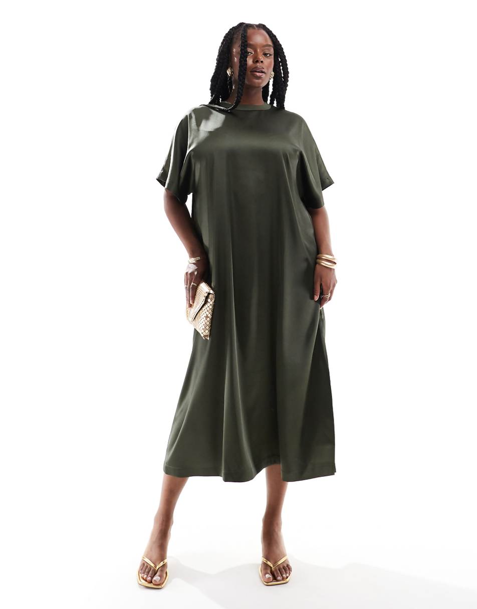 ASOS DESIGN Curve satin oversized midi t-shirt dress in khaki