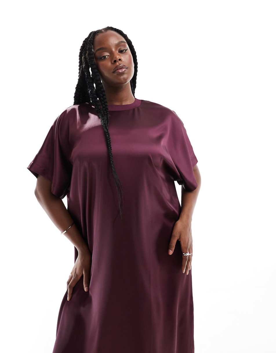 ASOS DESIGN Curve satin oversized midi t-shirt dress in burgundy