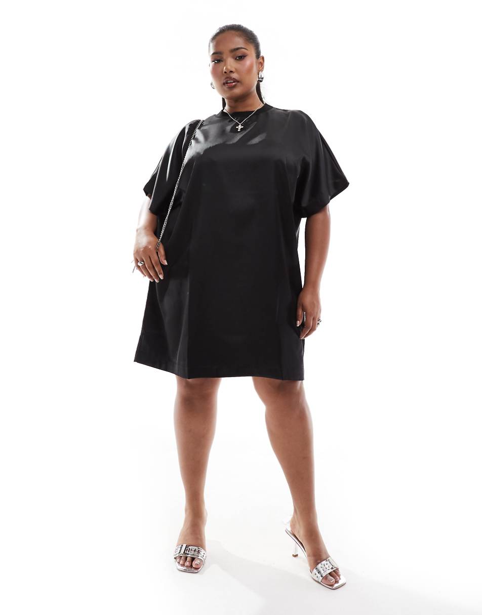 ASOS DESIGN Curve satin oversized mini tshirt dress in black